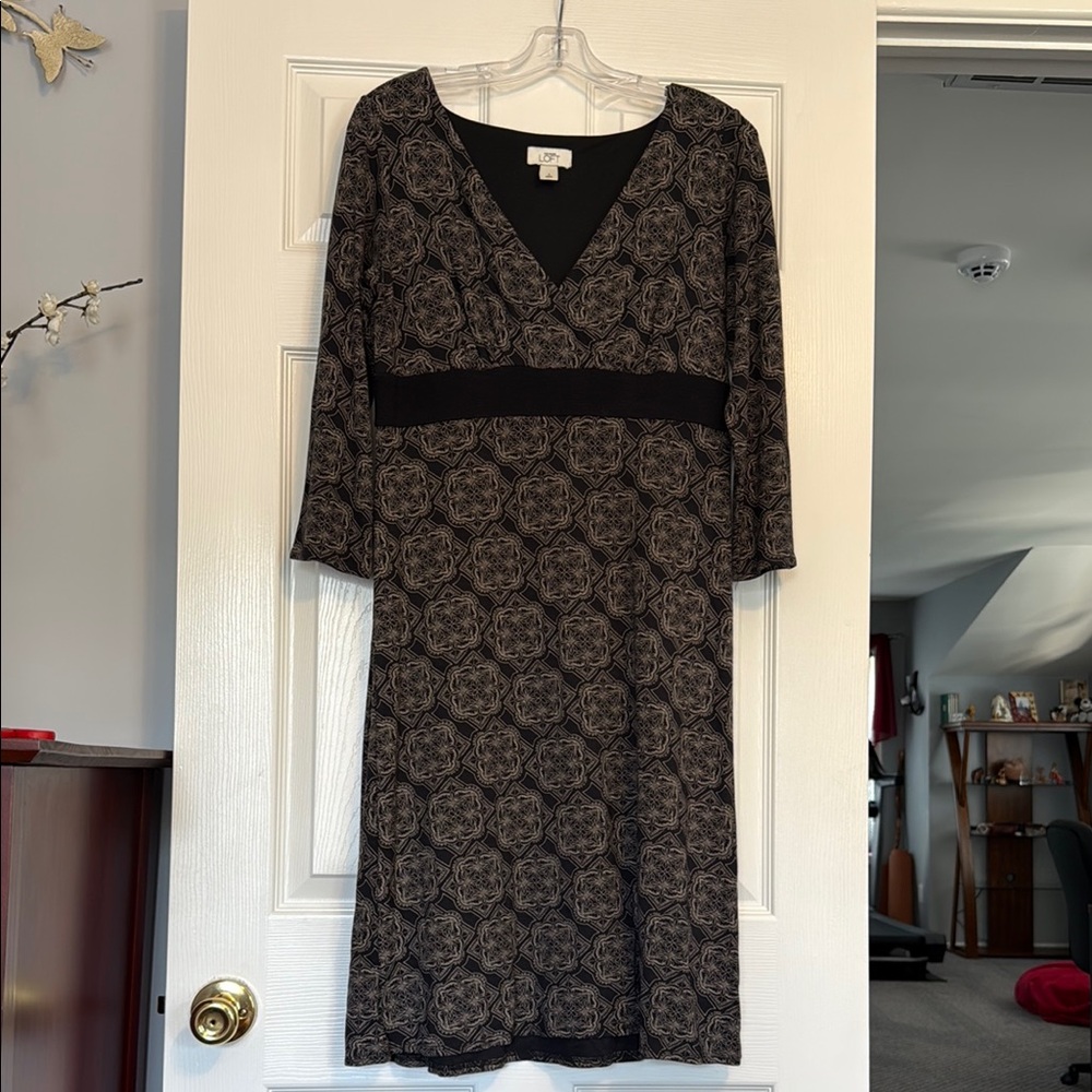 Loft Black And Gray Patterned Long Sleeve Dress - image 1